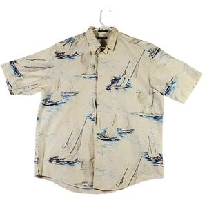Nautica Mens Sailboat Print Short Sleeve Button Up Shirt Cream Size Large
